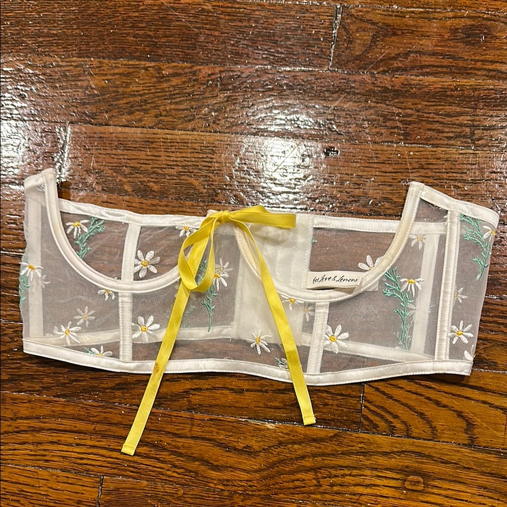 For Love and Lemons Sheer Floral Embroidered Corset with Yellow Ribbon